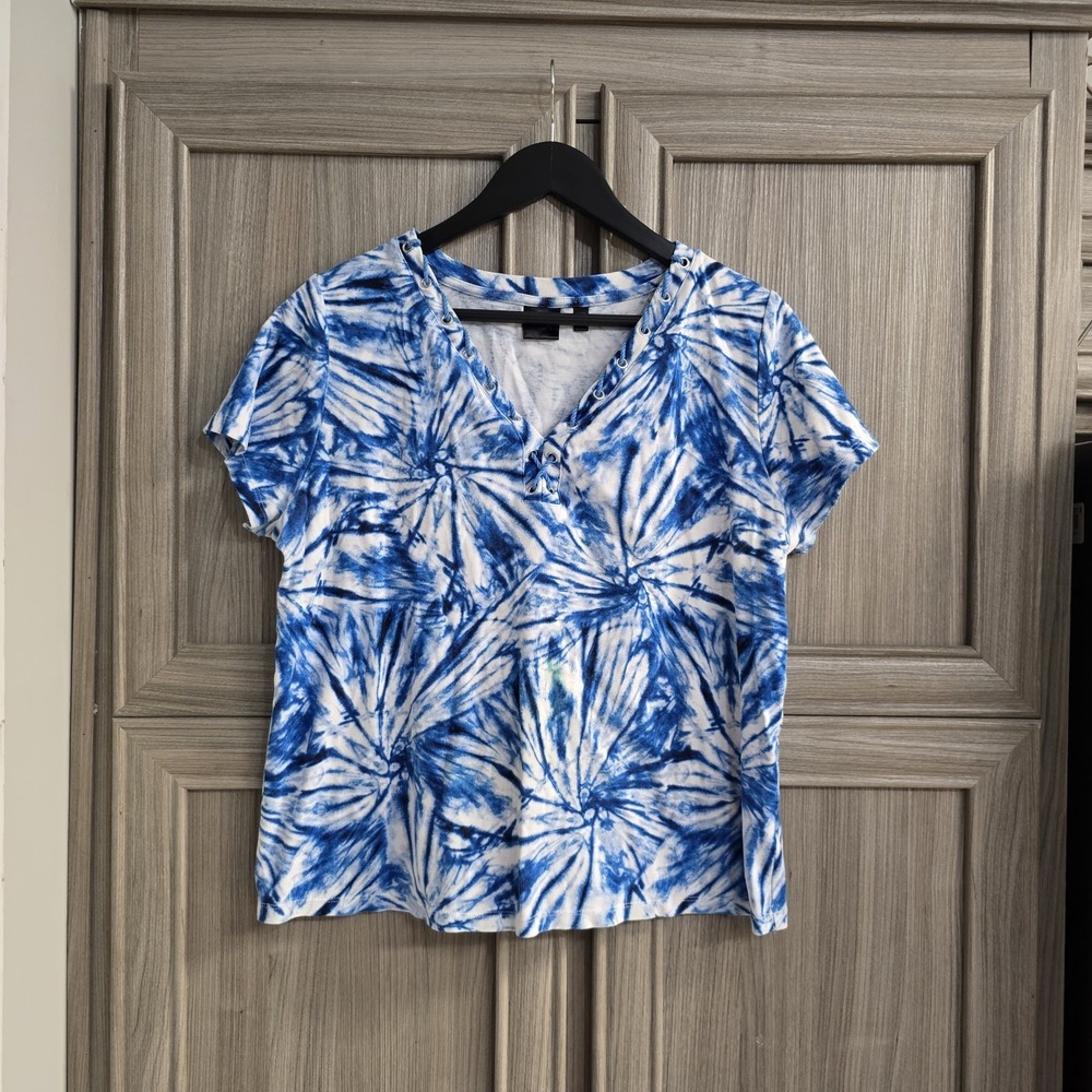 Rafaella Tye Dyed Womens Top Sz XL Blue White Ripe V Neck